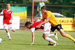 Utkání Fotbalové národní ligy mezi FK Pardubice (ve červenobílém) a FK Baník Sokolov (ve žlutočerném) na hřišti pod Vinicí v Pardubicích.