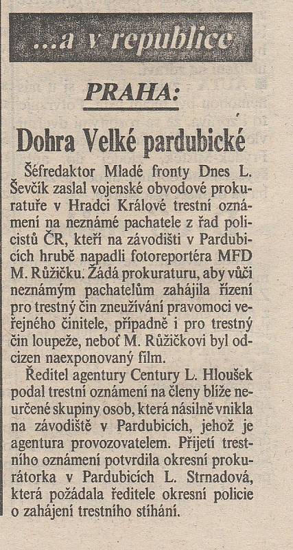 První strana Pardubických novin ze dne 15. října 1992. Zdroj: Státní okresní archiv Pardubice