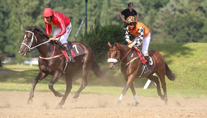 Druhou kvalifikaci na 129. Velkou pardubickou steeplechase vyhrál v dramatickém finiši Ange Guardian v sedle s žokejem Marcelem Novákem ( ve žlutozeleném)