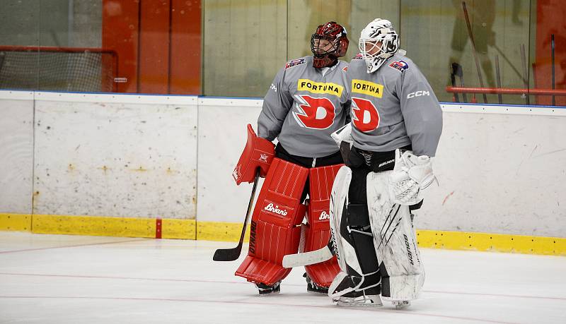 První trénink hráčů exraligového týmu HC Dynamo na ledě v pardubické Enreria Areně.