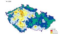 Sucho v lednu?! Zhruba na třetině území Česka stále panuje půdní sucho (žlutá a oranžová pole). V tomto období by přitom měl být vláhy nadbytek. Nestačí se ani doplnit podzemní vody.