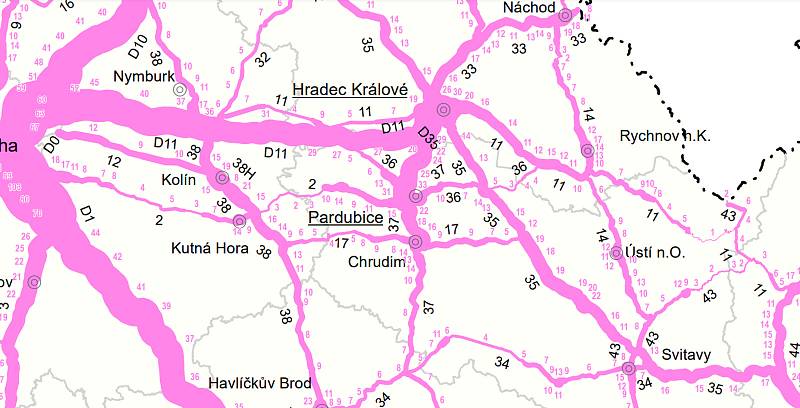 Intenzita dopravy v Pardubickém kraji v roce 2020, počet aut/24 hodin