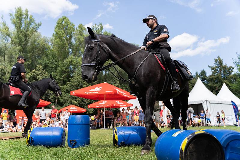 Nezaleknou se dýmu ani ohně. Koně i psi strážníků váleli ve Sportovním parku. Desítky sportů si tam lidé mohou vyzkoušet až do neděle.