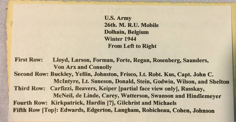 26th MRU - Belgie 1944 - jména vojáků na fotografii