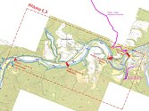 Na snímku jsou čtyři místa, kde by podle plánu Povodí Vltavy mohla vzniknout hráz přehrady – zleva doprava Čertova skála, Nezabudice, Branov a Roztoky