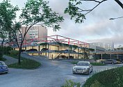 Vizualizace třípodlažního parkoviště, které město Plzeň plánuje vybudovat u obchodního domu Atom na Lochotíně.