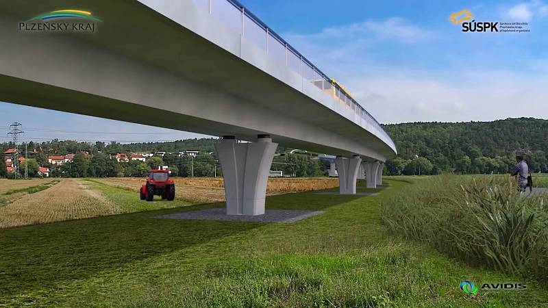 Mostní estakáda mezi Křimicemi a Radčicemi je nejkomplikovanější částí stavby. Vizualizace budoucí stavby.