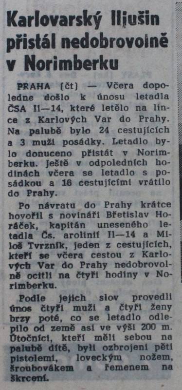 Článek v Pravdě o únosu letadla z 9. června 1970.