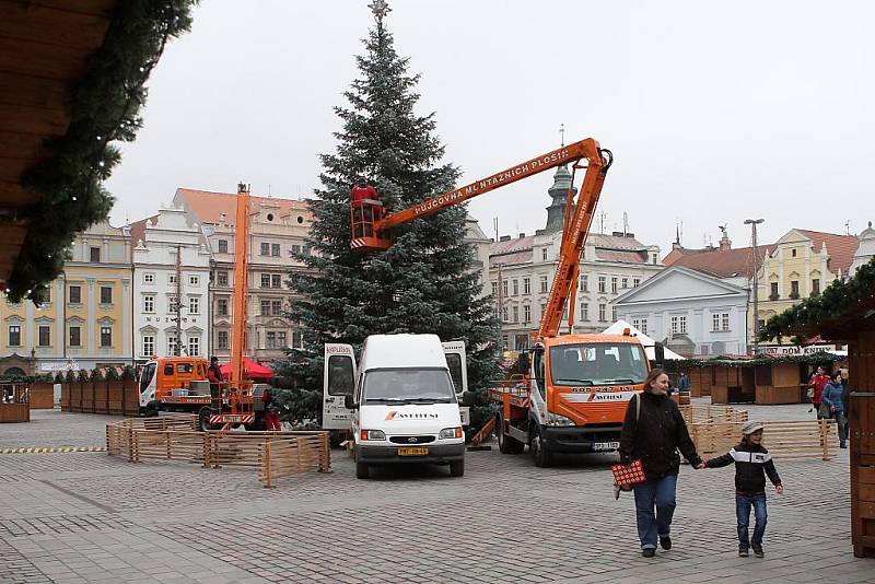 Strojení vánočního stromu na náměstí Republiky v Plzni