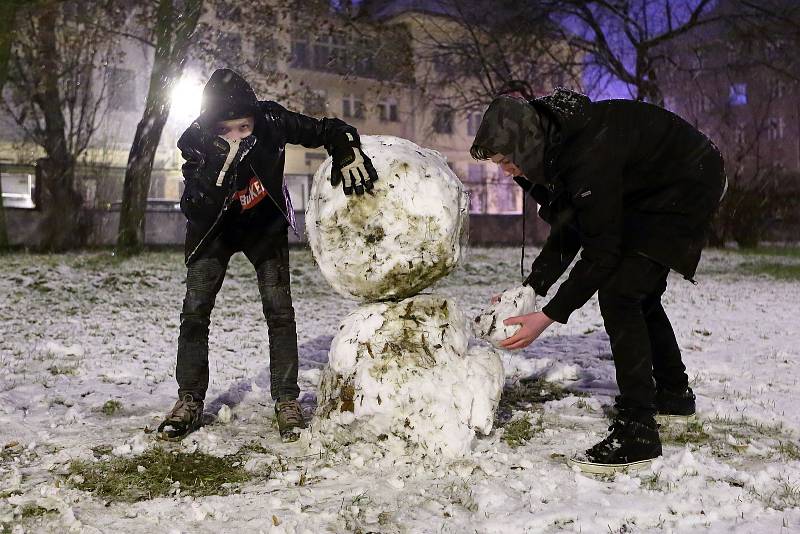 Noční sněžení v centru i okrajových částech Plzně. Na snímku Bory - ulice 17. listopadu.