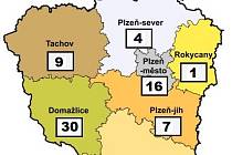 Mapa nákazy koronavirem v Plzeňském kraji - 27. března