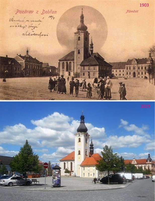 Náměstí T.G.M. Vlevo dům, ve kterém se dnes nachází spořitelna.