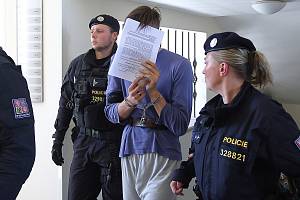 Policejní eskorta přivádí k městskému soudu v Plzni obviněného mladíka.