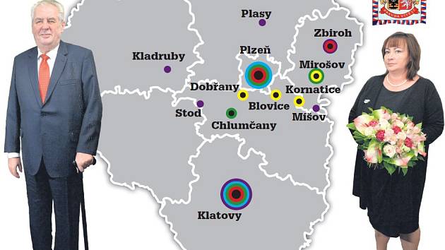 Mapa návštěvy prezidentského páru v Plzeňském kraji