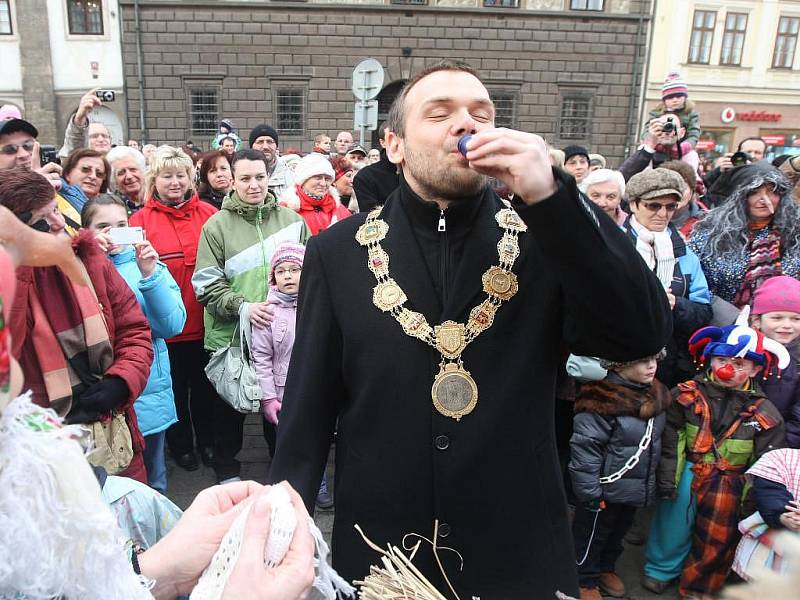 Tradiční masopustní průvod folklorního souboru Mladina s názvem Masopust, masopust, jen mě holka nevopusť! doprovázený stovkami Plzeňanů v maskách i bez prošel centrem města