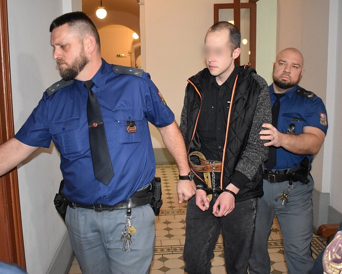 Eskorta přivádí Timothéeho K., jenž málem ubil partnerku kladivem, do jednací síně Krajského soudu v Plzni.