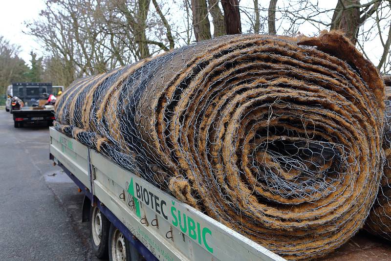 Práce na pískovcové skále v Lobezském parku v Plzni – Doubravce. Specializovaná firma provádí v těchto dnech očištění stěny, odstranění nestabilních částí a instalaci ochranné sítě s vegetačními pásy, které zabrání prorůstání kořenů vegetace do skály.