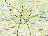 Mapa Plzeňska se zvýrezněním silnic, kde se v roce 2012 bouralo nejčastěji