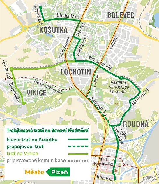Plán trolejbusové dopravy na plzeňské Severní Předměstí.