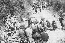 Ani ta nejmenší cesta nebyla bezpečná pro postup spojenců vpřed. 20. července východně od St. Lô najel nákladní vůz, který vezl munici dělostřelecké baterii, na minu a explodoval (trosky v popředí vlevo). Průjezd dalším vozům museli zajistit ženisté
