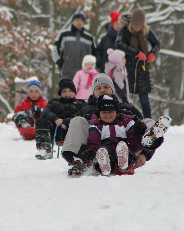 Sněhovou nadílku si v parku na Homolce užívali dospělí i děti.