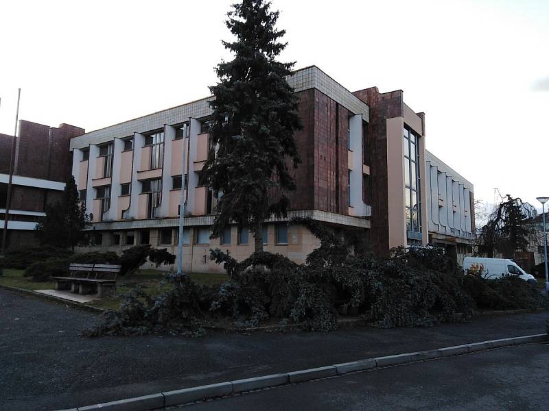 Vichřice řádila i v Klatovech, kde například u kulturního domu padly dva smrky, jeden při pádu poškodil i lampu veřejného osvětlení