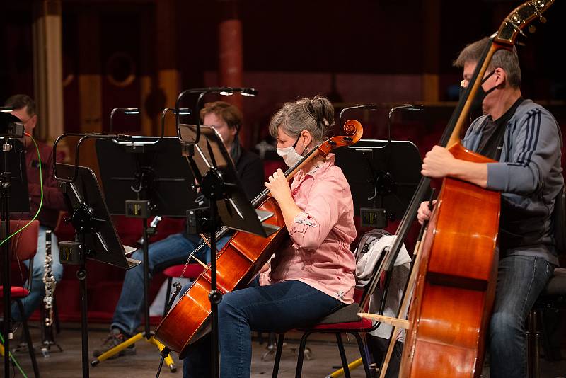 Ze zkoušky na koncert, kterým operní soubor Divadla J. K. Tyla v Plzni otevřel svůj youtube kanál. Projekt Hudba je lék zahájil koncert komorního ansámblu orchestru opery pod taktovkou uměleckého šéfa Jiřího Petrdlíka (v červeném saku).