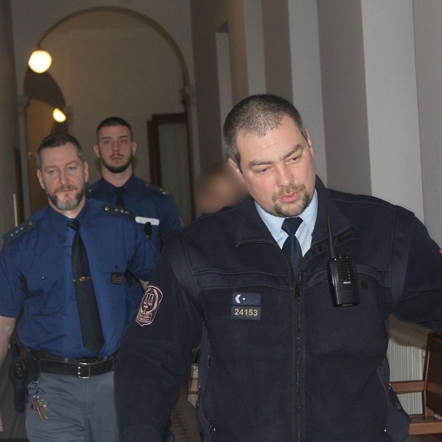 Patrika K. přivádí eskorta k líčení u Krajského soudu v Plzni