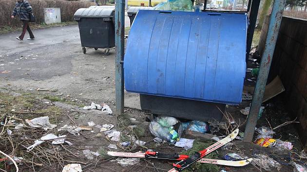 Tající sníh odkryl v minulých dnech odpadky, které lidé odhazovali poblíž kontejnerů a košů. Takto vypadá situace v plzeňské Skupově ulici