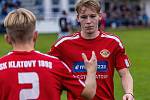 8. kolo FORTUNA divize A: SK Klatovy 1898 (na snímku fotbalisté v červených dresech) - SK Petřín Plzeň 0:1 (0:0).