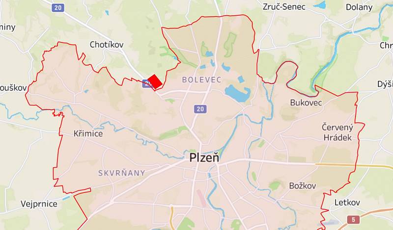 Těsně za hranicí, kam smí Plzeňané, se od pondělí ocitne hypermarket Globus. (Na mapce červeně označen)