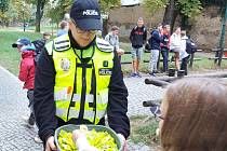 Strážníci Městské policie Příbram diskutovali u základních škol s dětmi o potřebě nošení reflexních prvků a zároveň tyto prvky rozdávali.