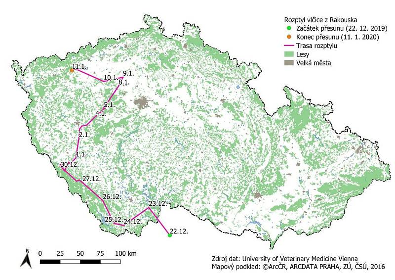 Mapa přechodu rakouské vlčice v okolí Brd do Doupovských hor.