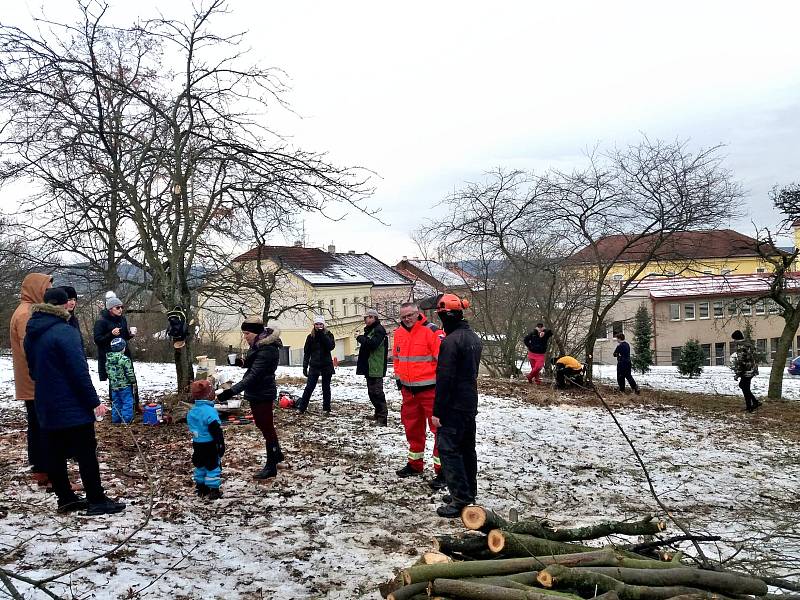 Členové spolku a dobrovolníci při práci na obnově sadu.