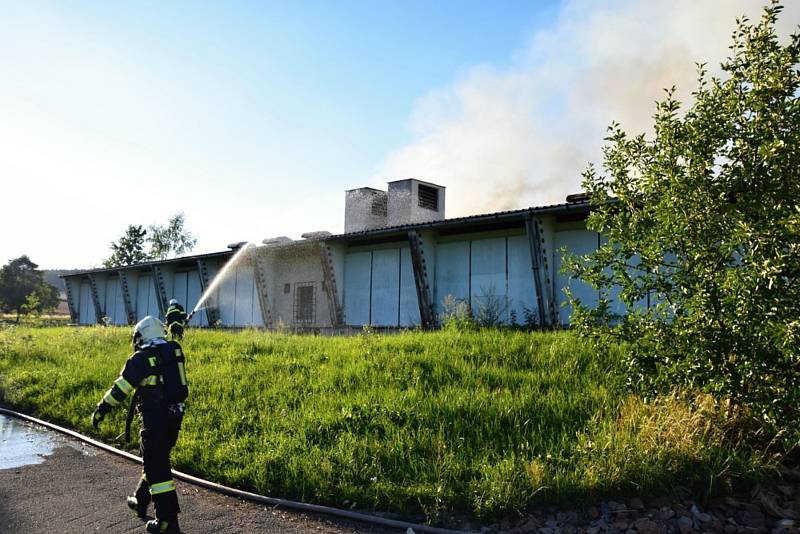 Zásah hasičů při požáru zemědělské haly ve Volenicích. Zvířatům ustájeným vedle se nic nestalo.