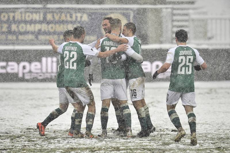 Radost fotbalistů Jablonce - Utkání 16. kola první fotbalové ligy: FK Jablonec - 1. FK Příbram, 24. ledna 2021 v Jablonci nad Nisou.