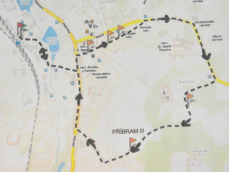 Zkušební jízda turistického vláčku by měla vést touto trasou: autobusové nádraží – Čs. Armády –  Prokopská – TGM – Pražská ulice – Střelecká – Balbínova – Svatá Hora – Mixova – Milínská – Prokopská – autobusové nádraží.