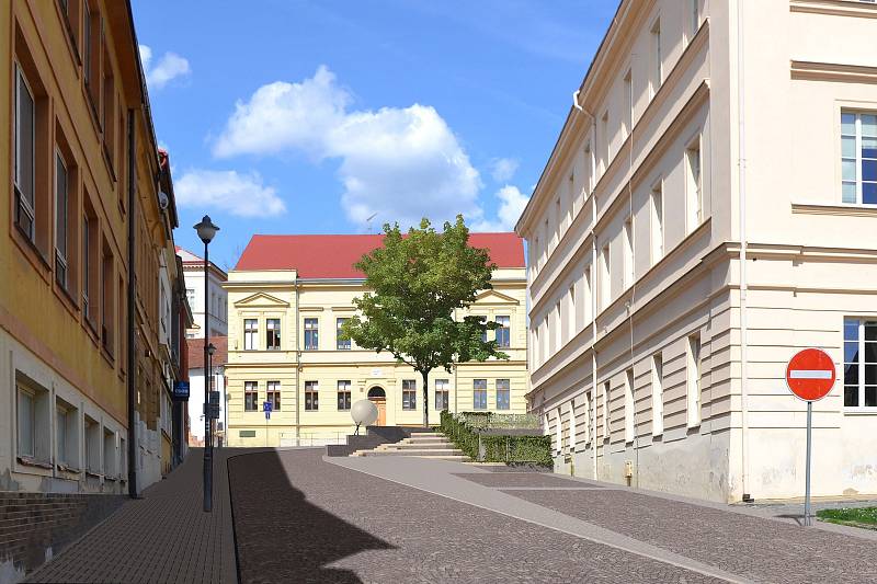 Vizualizace: plánovaná socha u budovy Gymnázia Zikmunda Wintra v Rakovníku.