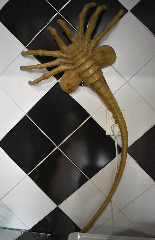 Facehugger je parazit, který pochází z vejce Vetřelce. Jiří Netík má jeho podobiznu i u sociálního zařízení.