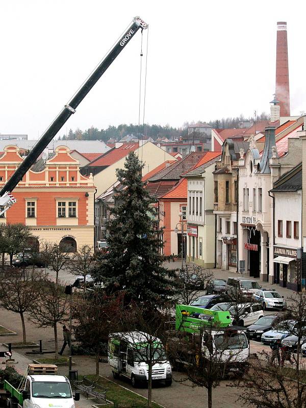 Vánoční strom byl na Husovo náměstí v Rakovníku přivezen 25. listopadu z nábřeží Dr. Beneše.