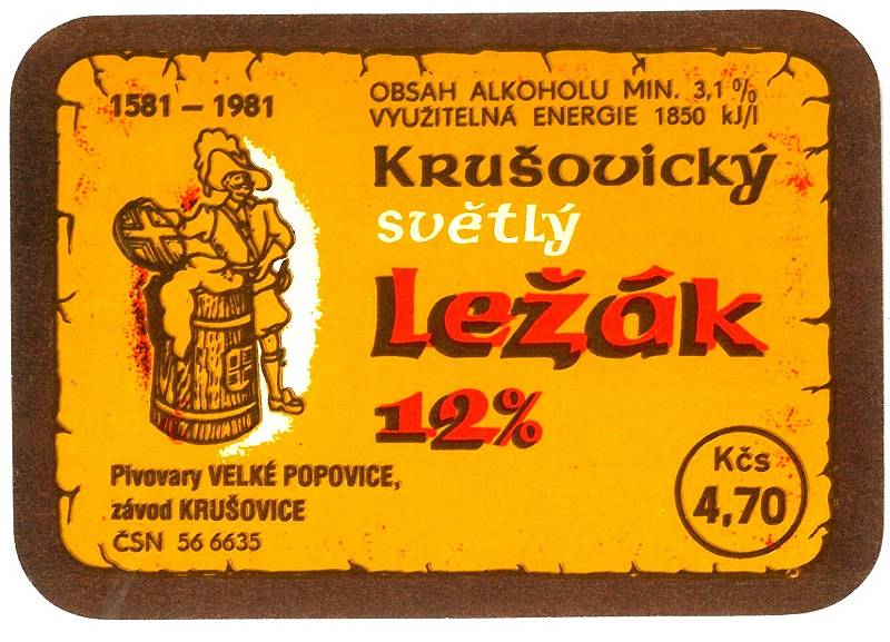 Královský pivovar Krušovice. Etikety používané od roku 1981.