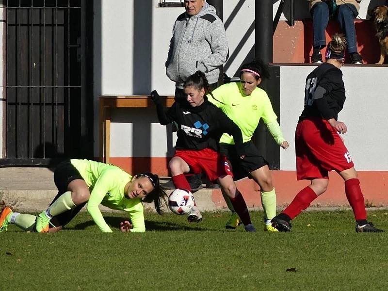 Ženy Pavlíkova (v tmavém) porazily doma Saharu Vědomice 2:1.