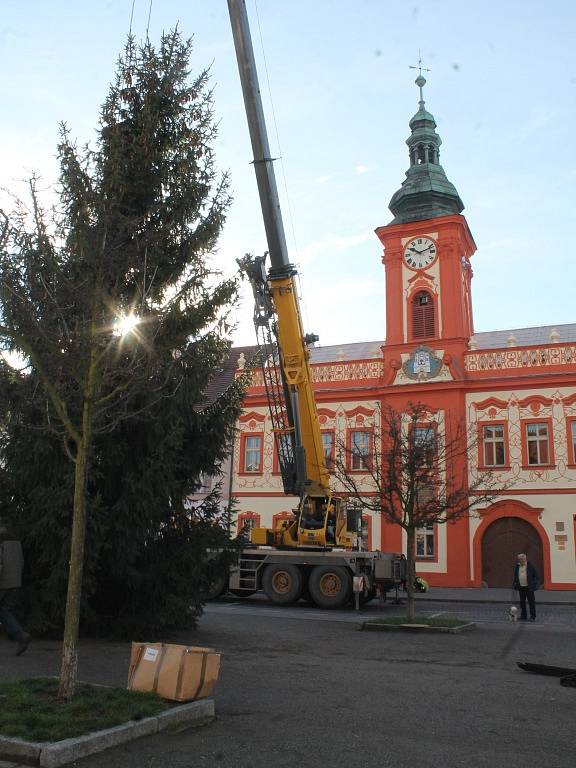 Doprava a stavění stromu na Husově náměstí v Rakovníku