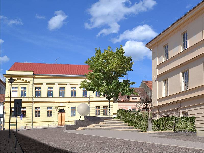 Vizualizace: plánovaná socha u budovy Gymnázia Zikmunda Wintra v Rakovníku.