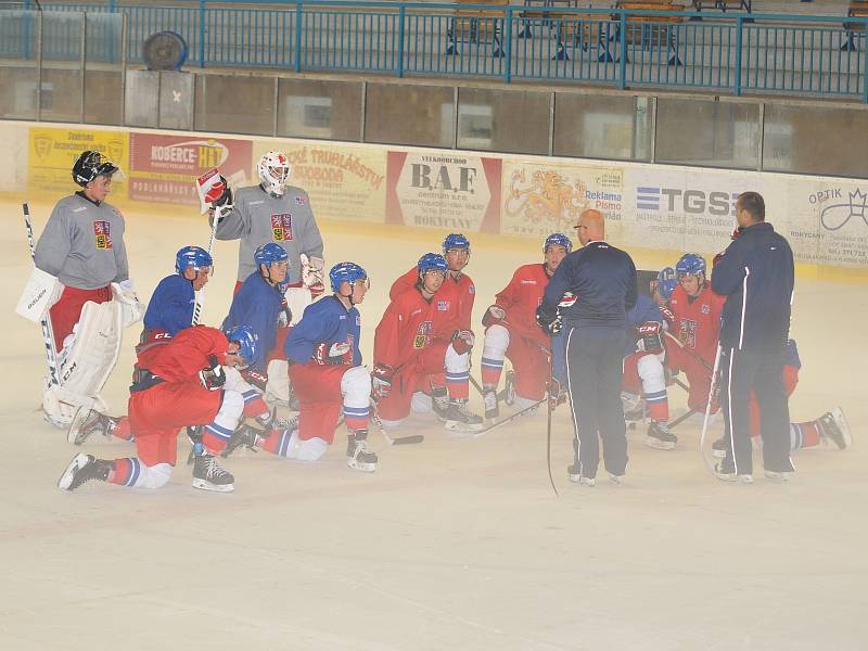 ZEJMÉNA NA TAKTIKU a ztmelení týmu pracuje hokejová reprezentace České republiky na ledě zimního stadionu v Rokycanech. Ten budou využívat až do pátku. Hned v sobotu brzo ráno míří do zámoří.