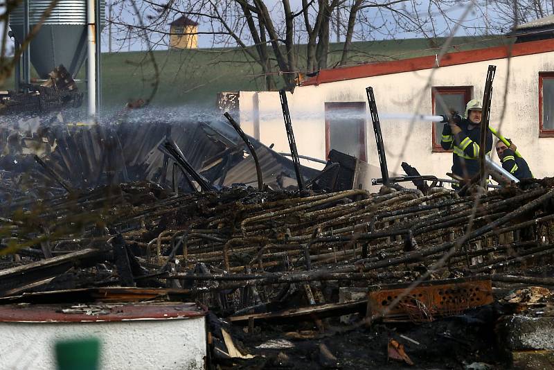 Následky a dohašování požáru porodny selat ve Vítání u Kladrub na Rokycansku.