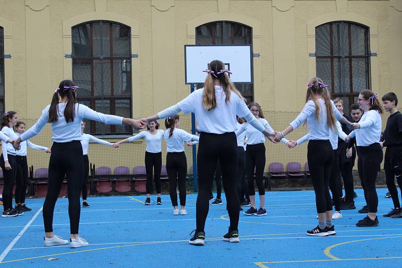 Studenti Gymnázia Česká nacvičili spartakiádní sestavu.