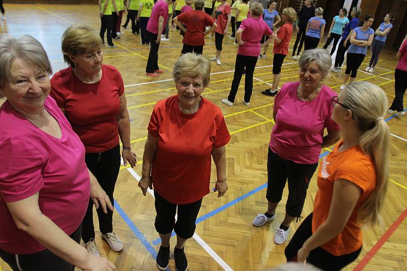 Nácvik skladby Ženobraní na Všesokolský slet 2018. Snímky z nácviku v Českých Budějovicích v dubnu 2018. V červených tričkách sokolky z Rudolfova.