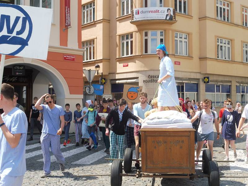 Budějovický majáles vyvrcholil v pátek 24. května tradičním průvodem městem. Studenti ze 17 škol prošli ulicemi centra v maskách. Dav mířil na Sokolský ostrov, kde program pokračoval volbou Krále majálesu. Navečer se zde tradičně koná hudební program.