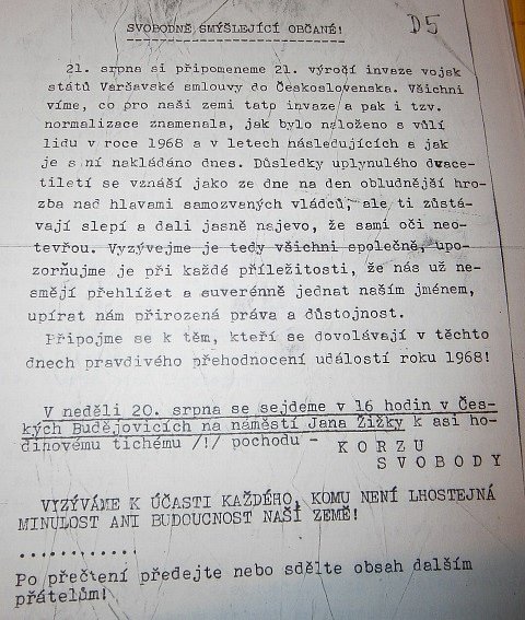 Znění letáku, který před zatčením vylepovala v srpnu 1989 po Českých Budějovicích.